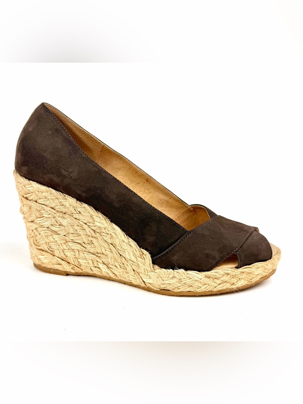 Kors, Michael Kors, Suede Espadrille Peep-toe Wedge in chocolate brown.